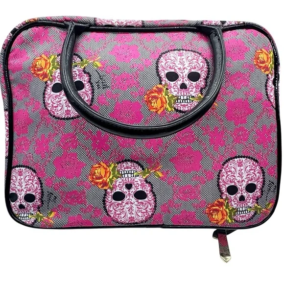 BETSEY JOHNSON Designer Pink Skull Rose Print Large Cosmetic Travel Vacation Bag - Picture 3 of 14